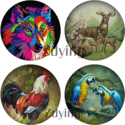 10pcs Round Animals Glass Cabochon Birds Fox Peacock Parrot Deer Oil Painting Image Glass Dome Demo Flat Back Making Findings