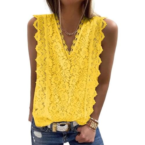 2021 Summer Lace T Shirt Women Fashion Sexy Sleeveless Solid Shirt Hollow Party V-Neck Shirt Tees Plus Size Hot Top Tanks