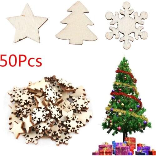 50Pcs/Bag DIY Natural Wooden Chip Snowflake Christmas Tree Hanging Ornaments Pendant Kids Gifts Snowman Tree Shape Xmas Decor