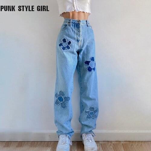 Y2k Jeans E Girl Kpop Woman Harajuku Long Trousers Cowboy Loose Streetwear Flower Patch Straight High Waist Vintage Denim Pants