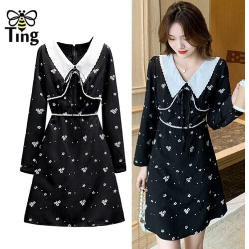 Tingfly Elegant Sweet Egirl Peter Pan Collar Beading Floral Black A Line Mini Short Dress Lady Slim Street Casual Japanese Dress