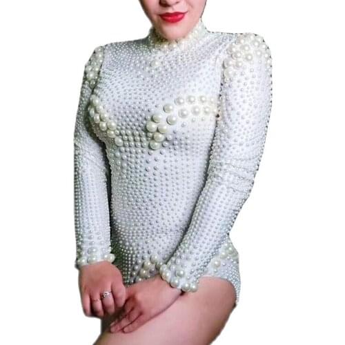 Elegant Bodycon For Women White Pearl Bodysuit Nightclub Dance Performance Suit Stage Wear Lady Club Bodysuits Festival Outfit