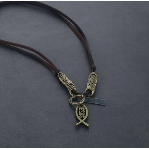 JESUS Letter Words Fish Shaped Pendant Necklace Adjustable Leather Chain Necklace for Men Catholic Religious Jewelry Gifts