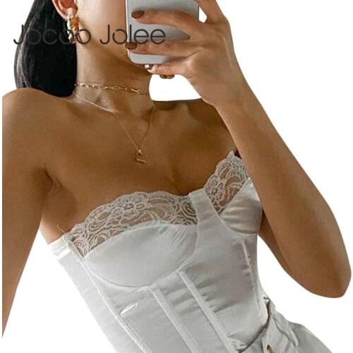 Jocoo Jolee Sexy Women Lace Patchwork Strapless Slim Tanks Elegant Slashes Neck Sleeveless Crop Tops Summer Chic Tunic 2021