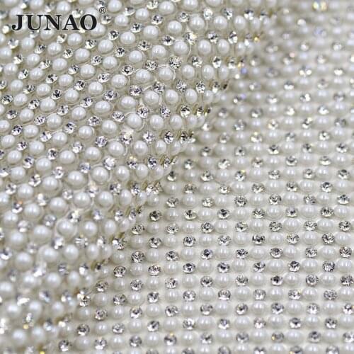 JUNAO 24*40cm Hotfix White Pearl Rhinestone Mesh Trim Glass Crystal Fabric Sheet Pearl Applique Strass Band for Clothes Crafts