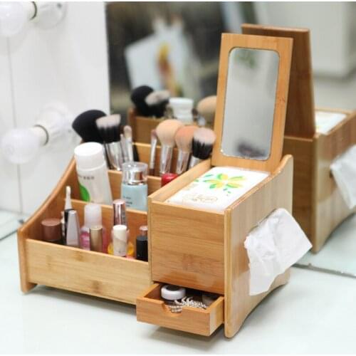 Classic home multifunction wooden storage box tissue box with mirror Cosmetics bamboo Storage