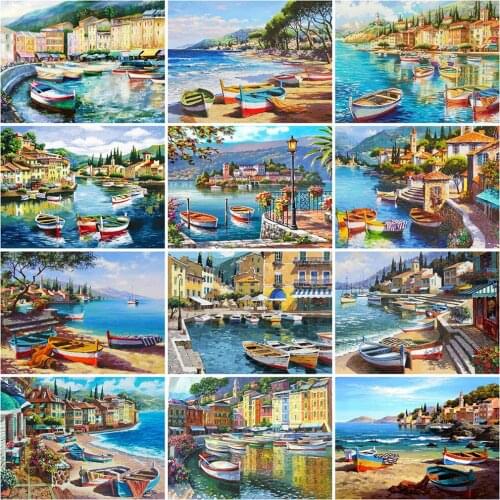 MomoArt 5D DIY Diamond Embroidery Seaside Cross Stitch Diamond Painting Boat Landscape Rhinestone Picture Wall Art Decorations