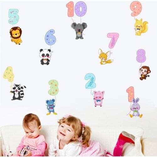 Cartoon Animals Wall Stickers for Kids Room Decoration Baby Numbers Wall Decals Nursery Mural Home Decor Self-adhesive Wallpaper