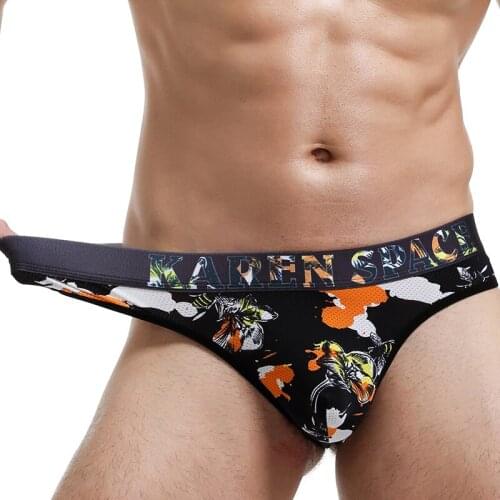 Male Underwear Mens Underpants Sexy print Jockstrap Breathable Transparent Triangle Briefs Mens Erotic Mesh Underwear