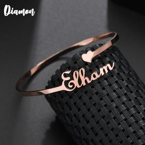 Diamon 2020 New Personalized Custom Name Bangle For Women Heart Stainless Steel Open Love Bangle Jewelry Gift For Lover