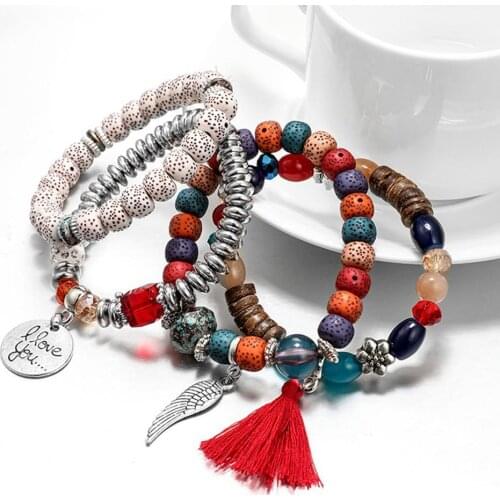 New Retro Color 4Pcs/Set Bohemian Style Letters Tassels Buddha Beads Flowers Beads Pendant Four-piece Bracelet Women Jewelry