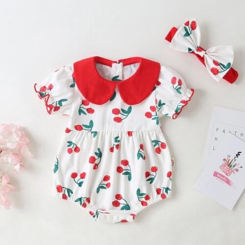 3M-2Y) Baby Girl Baby Romper Set Korean Summer Short Sleeve Doll Collar Cherry Romper + Hair Tie Set детская одежда 50