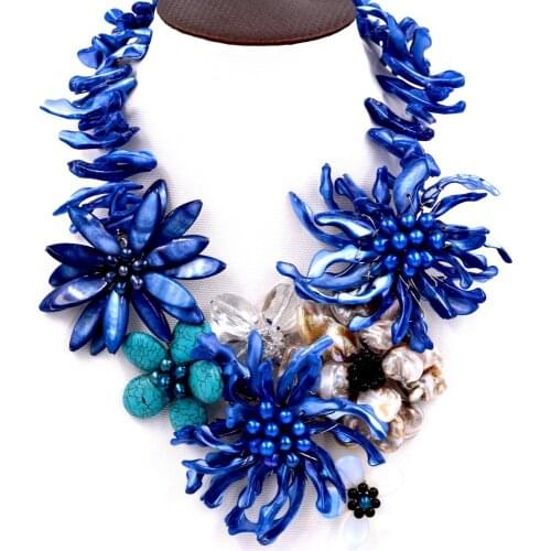 Blue sea shell flower necklace big fashion stone faceted freshwater pearl 19inch
