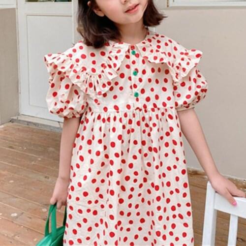 Girls Dress Puff Sleeve Polka Dot Print Red Kids High Waist Loose Dresses Button Placket Lacework Collar Childrens Clothing