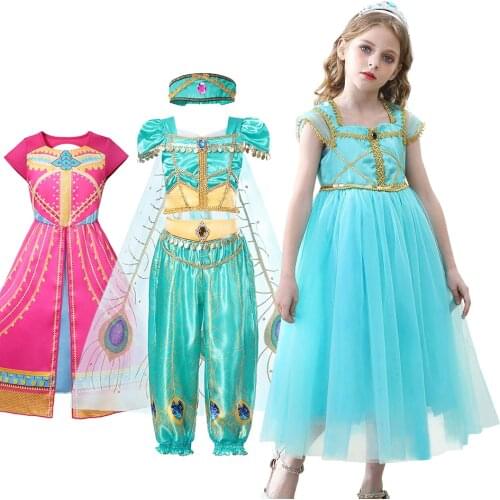 Summer Jasmine Princess Dress Girls Aladdins Lamp Frock Fancy Costume Child Cosplay Party Carnival Halloween Gown Green Clothes