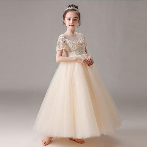 Flower Girl Dresses Illusion Short O-Neck Embroidery Crystal Pearls Sleeveless Tulle Princess Floor-Length Kids Party Gown H334
