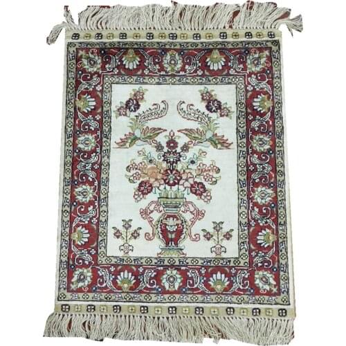 Seeykeep™ 1.5x2ft Exquisite 100% Silk Handknotted Oriental Prayer Rug use Vase And Floral Motif With Carmine Border-SK3036009