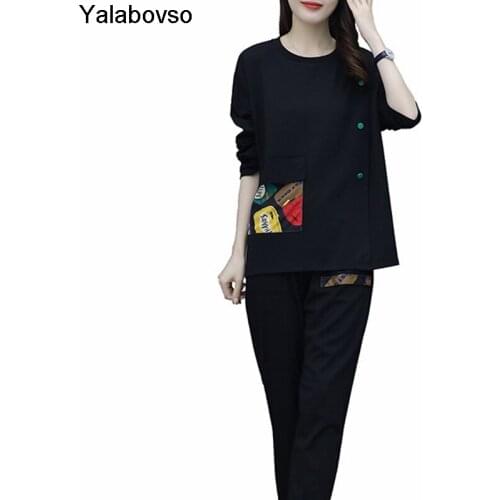 2 Piece Sets Tracksuit Women Black Color With Patches Large Womens 2020 Autumn Spring New Suits Fashion Leisure Retro Vintage