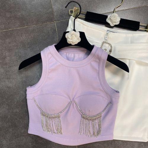 Crop Top Tanks for Woman Round Neck Sleeveless Three-Dimensional Chest Pad Diamond Tassel Short Vest Shirt 2021 Summer