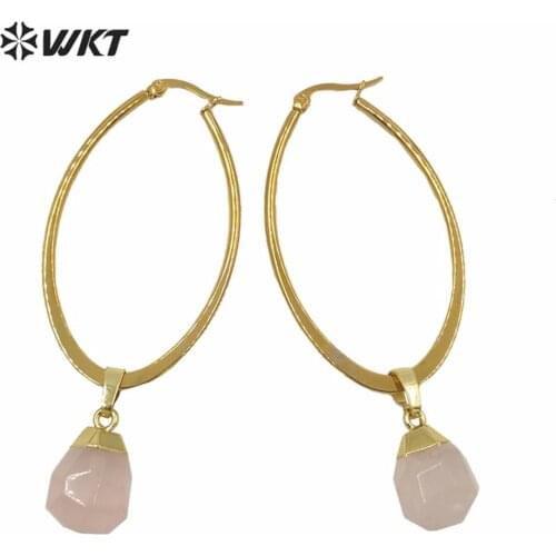 WT-E641 Wholesale gold electroplated women drop earrings natural stone charm earrings big size oval dangle earrings