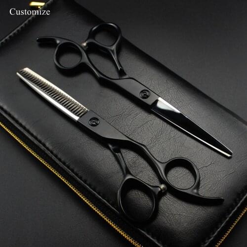 Customize LOGO 6 '' Japan 440c steel black cut hair scissors haircut thinning barber tools cutting shears hairdressing scissors