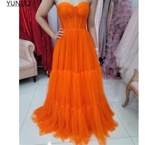 YUNUO Orange Tiered Tulle A Line Prom Celebrity Dresses Sweetheart Formal Evening Dress Long платье на выпускной Lace-up Back
