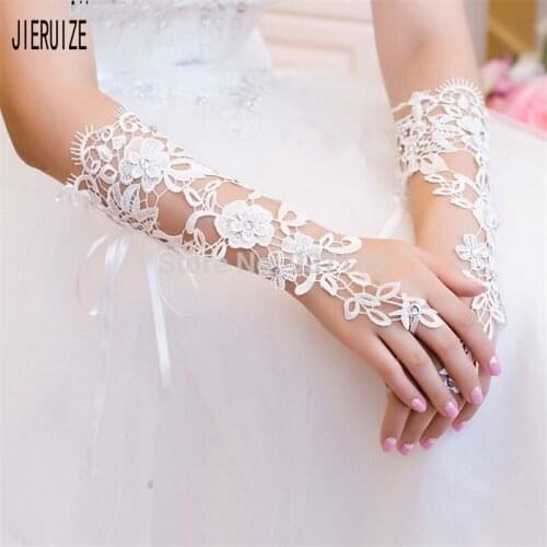 JIERUIZE Ivory White Bridal Gloves Long Lace Appliques Wedding Gloves for Bride Formal Party In Stock