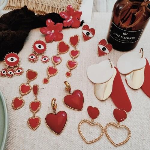 Flatfoosie New Red Flower Heart Drop Earrings For Women Fashion Bohemian Dangle Earring Statement Female Accessories