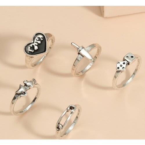 Vintage Silver Plated Ring Womens Gothic Punk Steampunk Heart Ring Sets Party Jewelry 2021 Metal Ring Jewelry Set Trendy Ring