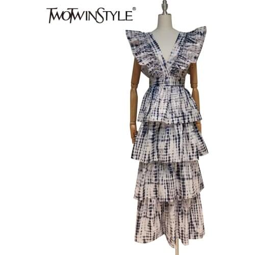 TWOTWINSTYLE Print Patchwork Ruffle Dress Female V Neck Short Sleeve High Waist Vintage Summer Dresses Female Fashion New Tide