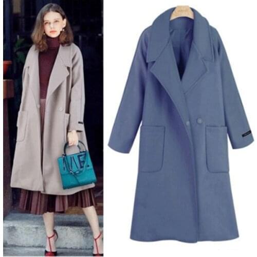 Women Turn-down Collar Covered Button Woolen Coat Women Pocket Casual Long Sleeve Autumn Winter Blends Outerwear Trench Coat