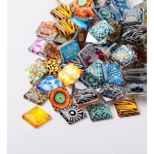 200pc Mixed Color Mosaic Printed Glass Square Cabochons Jewelry Findings for DIY Necklace Bracelet Making 10mm