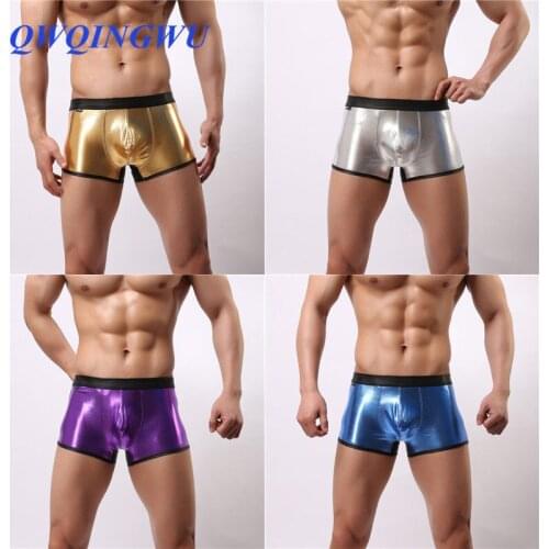 4PCS/Lot Sexy Men Boxers Leather Wrestling Hot Jockstrap Boxers Gold Faux Leather Erotic Gay Jumpsuit Lingerie Underwear Boxer