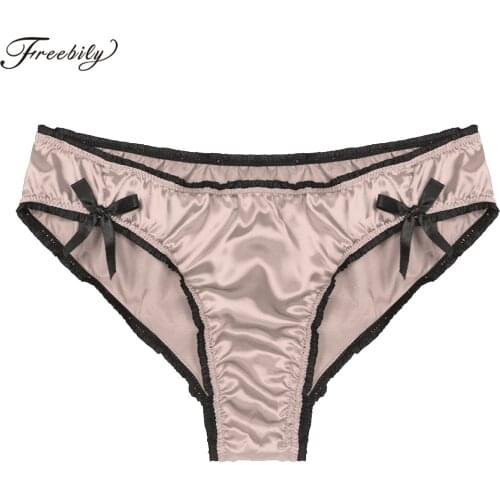 Satin Brief Panties Men Lingerie Plus Size Frilly Low Waist Sissy Underwear Nightwear Bowknot Decor Elastic Waistband Underpants