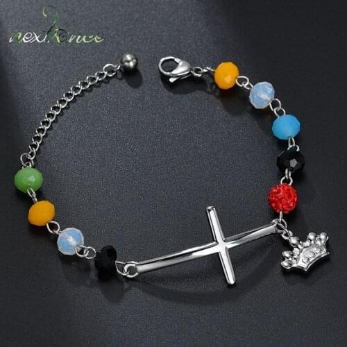 Nextvance Cross Colorful Beads Bracelet Stainless Steel Cute Crown Pendant Bracelets for Women Kids Birthday Gift