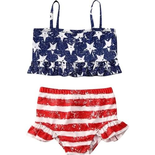 Toddler Kids Baby Girls Swimsuit Bathing Suit Stars Print Sling Tops+Striped High Waist Shorts Bikini Set Swimwear Beachwear