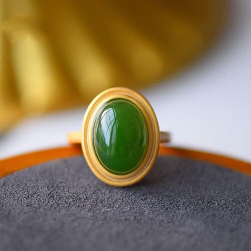 Natural Hetian Jade Green Jade Ring S925 Sterling Silver Jade Oval Ring Adjustable Ring Simple Men and Women Jewelry