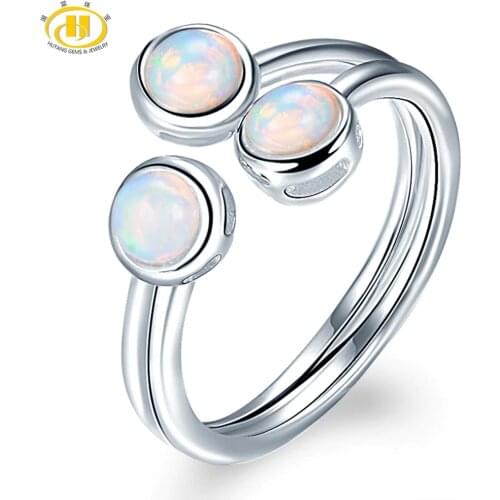 HUTANG Natural Opal Womens Ring, 925 Sterling Silver Engagement Open Rings, Gemstone Fine Jewelry 3 Stone Classic Design
