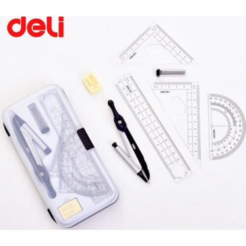 DELI Portable Compasses Set 7/8pcs Plastic+metal Geometry Protractor Drawing School Eraser Math Eraser Ruler Students Tool Kit