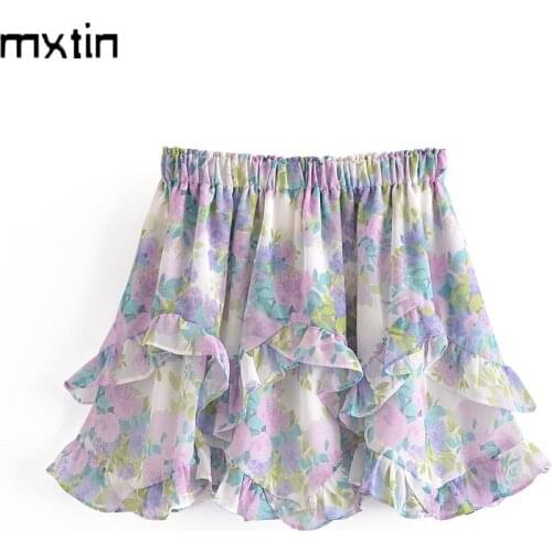 MXTIN 2021 Women Summer Vintage Floral Print Ruffles Mini Skirt Fashion Elastic Waist Streetwear Ladies Skirts Casual Vestidos