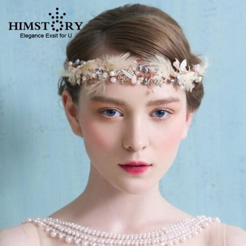 Himstory Feather Bridal Tiaras Handmade Gold Butterfly Wedding Hair Accessories Pearl Bridal Headpiece Prom Headbands Hairwear
