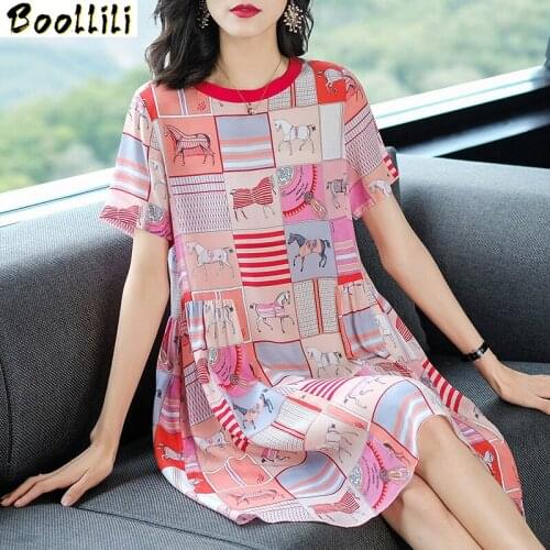 Boollili Real Silk Dress Women Summer Dress Korean Print Midi Beach Dress Elegant Party Dresses Woman Vestidos Mujer