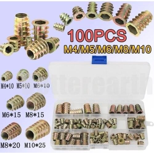 100PCS Threaded Inserts Nuts Wood Insert Assortment Tool Kit M4/M5/M6/M8 Furniture Screw Inserts Bolt Fastener