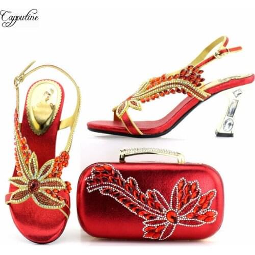 Luxury red wedding/party high heel sandal shoes and evening bag set with nice stones for lady 7437 heel height 8cm