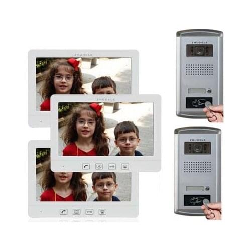 ZHUDELE Inercom System For 2 Doors,3X10.1" Video Door Phone Monitor+Waterproof Explosion-proof Camera,Extra CCTV Camera ID Card