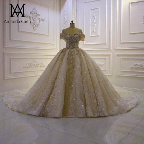 Abiti da cerimonia Off Shoulder Lace Appliqued Crystal Champagne Wedding Dress