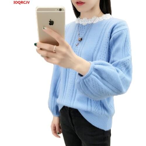 Sweaters Women 2019 Autumn Winter Casual Knitted Sweater Pullover Fashion Lace O-Neck lantern Long Sleeve Womens Sweater W1607