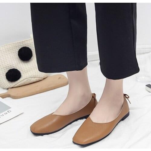 Womens Bow shoes Flat pea Square shoes soft loafers shallow mouth Toe flat shoes female 2020 spring new soft bottom U15-39