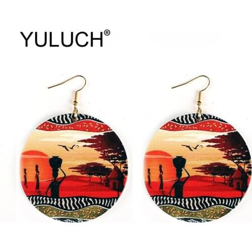 YULUCH Ethnic Round Wood Earrings Printed Printing Colorful African Style Animal Lion Elephant Pendant Earrings For Women Party