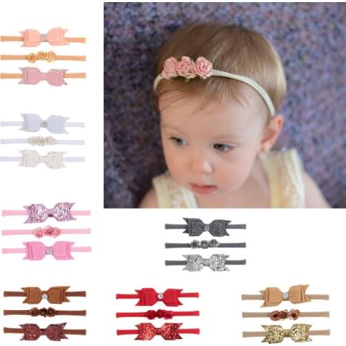 Yundfly 3pcs/lot Baby Girls Headband Set Sequin Bowknot Rose Flower Nylon Headwear Children Kids Princess Hair Accessories Gifts